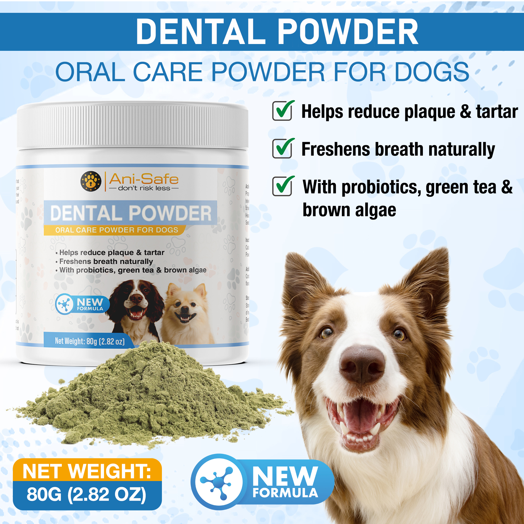 Ani-Safe Dental Powder Supplement for Cats & Dogs Reduces Plaque Prevents, Tartar dental Alginate Powder, pet Teeth Cleaning