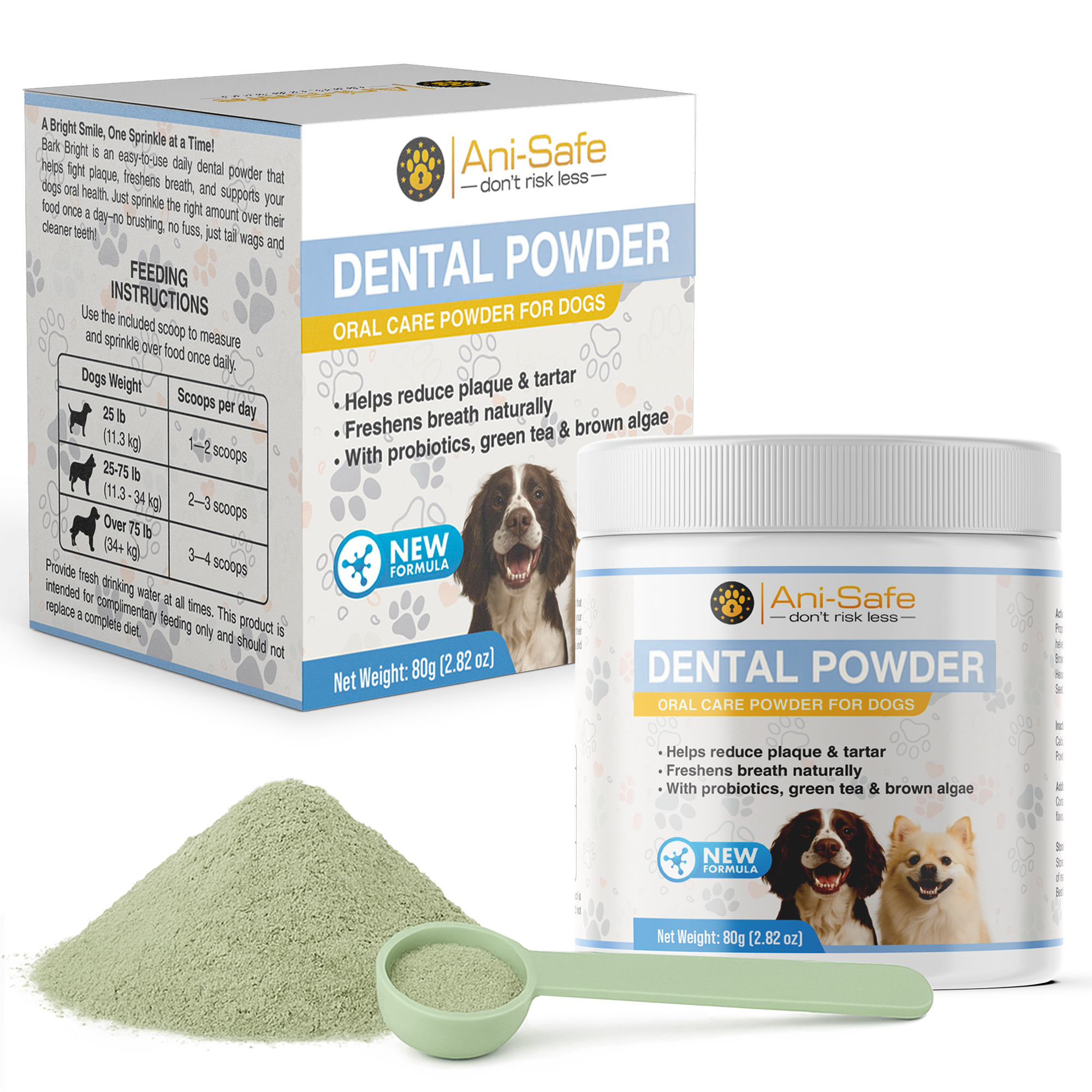 Ani-Safe Dental Powder Supplement for Cats & Dogs Reduces Plaque Prevents, Tartar dental Alginate Powder, pet Teeth Cleaning
