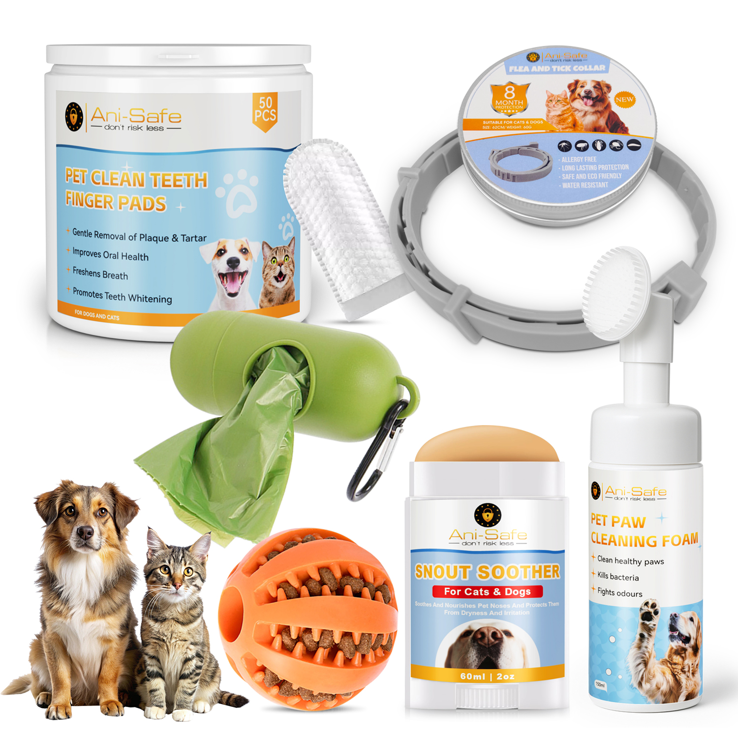 Dog Starter Kit Bundle – 6-in-1 Essentials: Adjustable Repellent Collar, Paw Cleaning Foam, Nose Balm Stick, Slow Feeder Chew Toy, 50x Toothbrush Finger Stalls, Poo Bags & Glow Dispenser