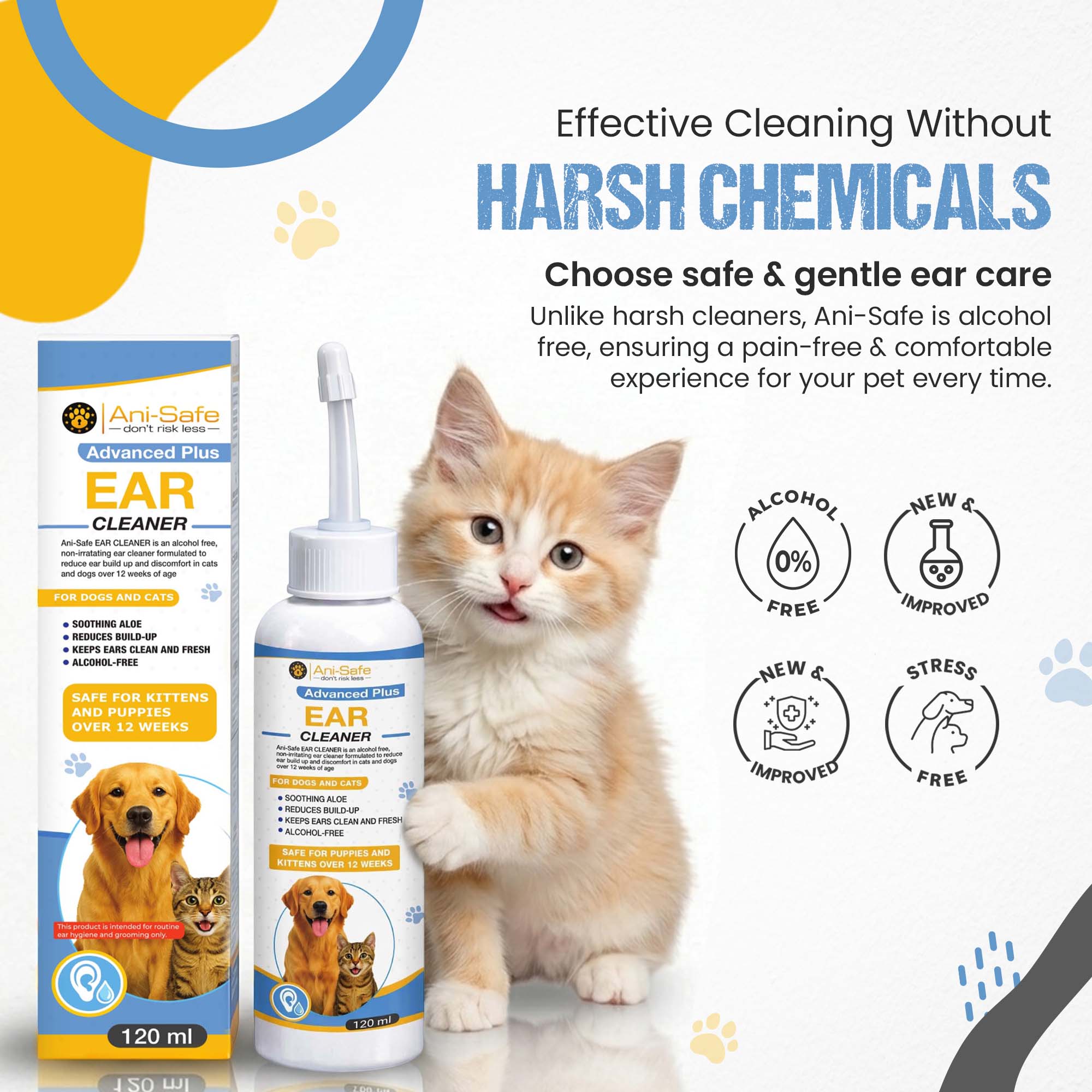 Dog and Cat Ear Drops, 120ml, Alcohol-Free Cleanser, Aloe Vera Formula, with Flexible Silicone Nozzle, wax, head shaking