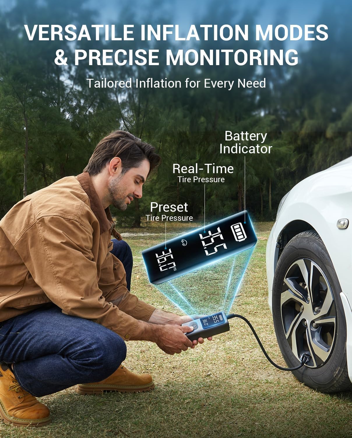 AVAPOW AP18 Tire Inflator Portable Air Compressor, Compact Size 150 PSI Cordless Car Tire Air Pump with Pressure Gauge, 3.7″ LCD Screen, Auto-Shuts Off Tire Pump for Car, Motorcycle, Bicycle, Balls