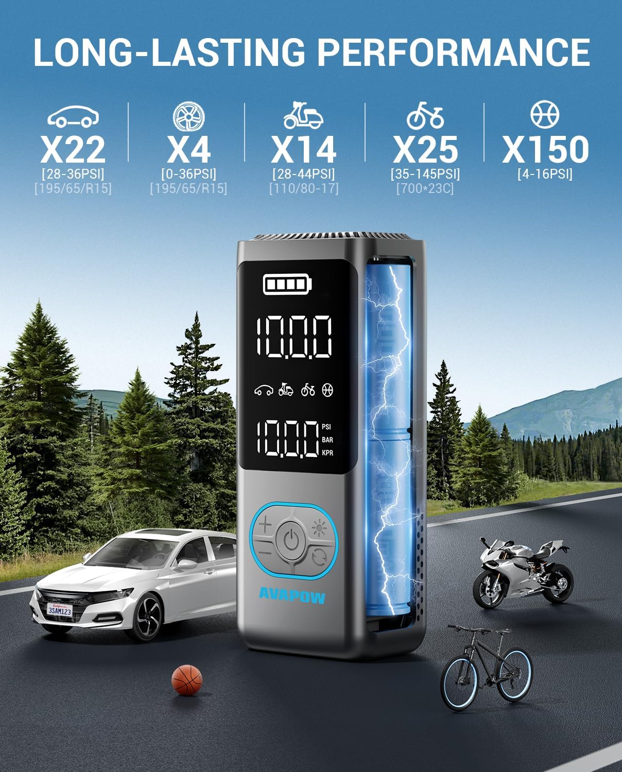 AVAPOW AP18 Tire Inflator Portable Air Compressor, Compact Size 150 PSI Cordless Car Tire Air Pump with Pressure Gauge, 3.7″ LCD Screen, Auto-Shuts Off Tire Pump for Car, Motorcycle, Bicycle, Balls
