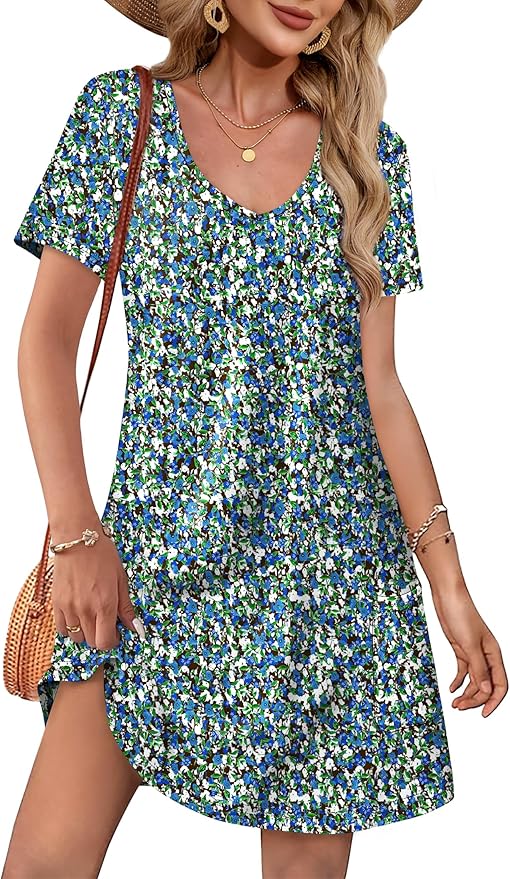 OFEEFAN Summer Dresses for Women 2025 Loose V Neck Short Sleeve Casual T Shirt Dress Sundresses Swimsuit Coverup with Pockets