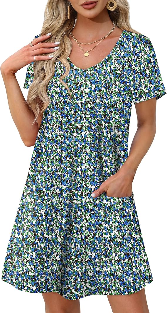 OFEEFAN Summer Dresses for Women 2025 Loose V Neck Short Sleeve Casual T Shirt Dress Sundresses Swimsuit Coverup with Pockets