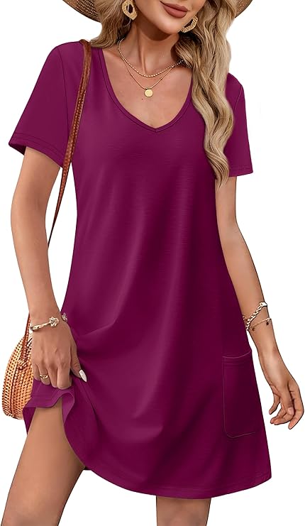 OFEEFAN Summer Dresses for Women 2025 Loose V Neck Short Sleeve Casual T Shirt Dress Sundresses Swimsuit Coverup with Pockets