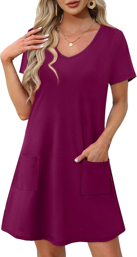 OFEEFAN Summer Dresses for Women 2025 Loose V Neck Short Sleeve Casual T Shirt Dress Sundresses Swimsuit Coverup with Pockets