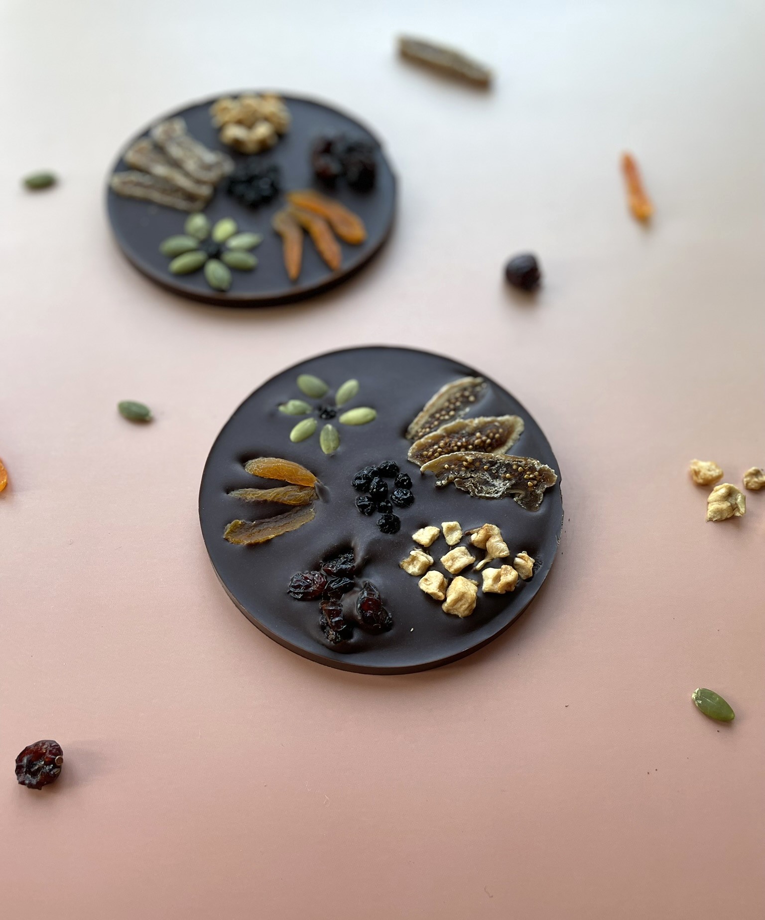 French "Mendiant" (Dark chocolate with dried fruits)