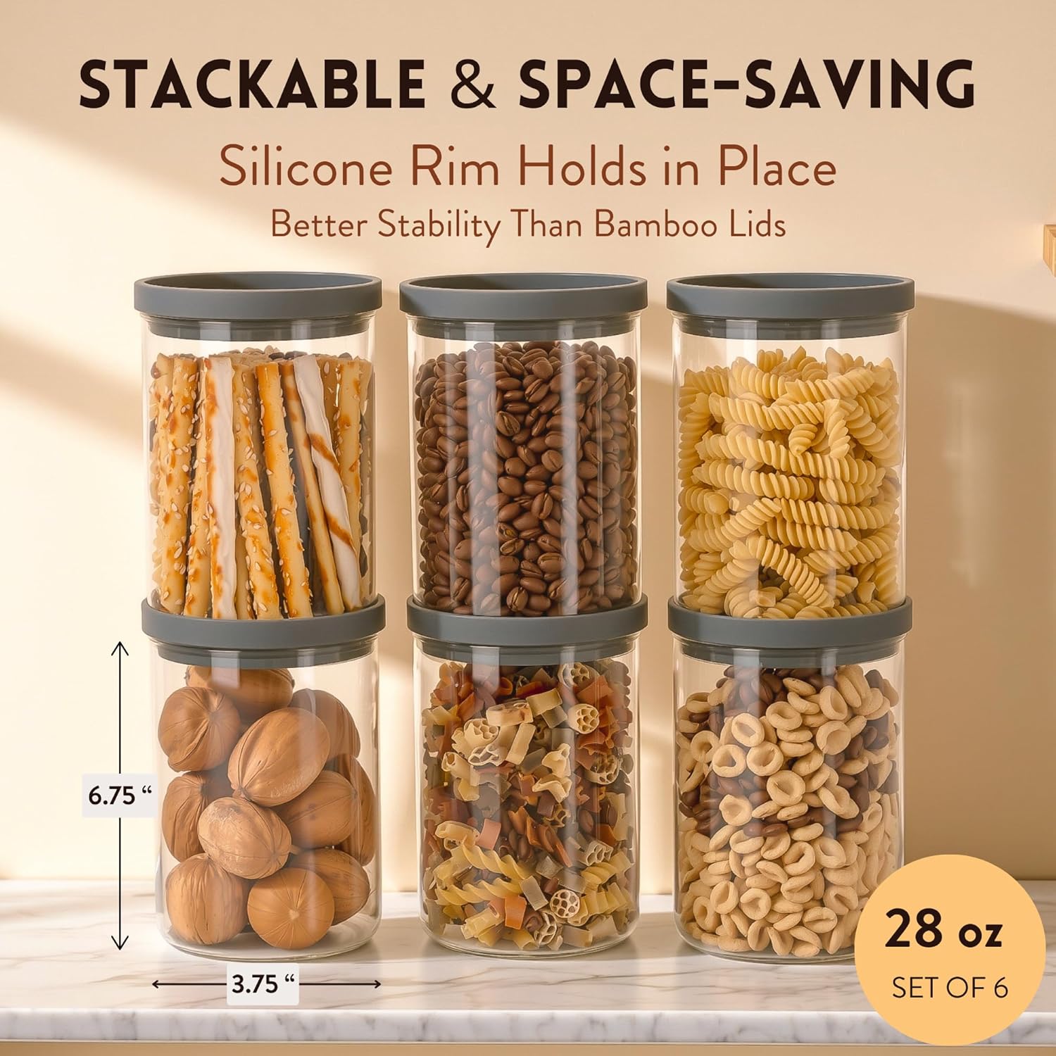 6-Piece Glass Canister Set with Airtight Lids – 28 oz