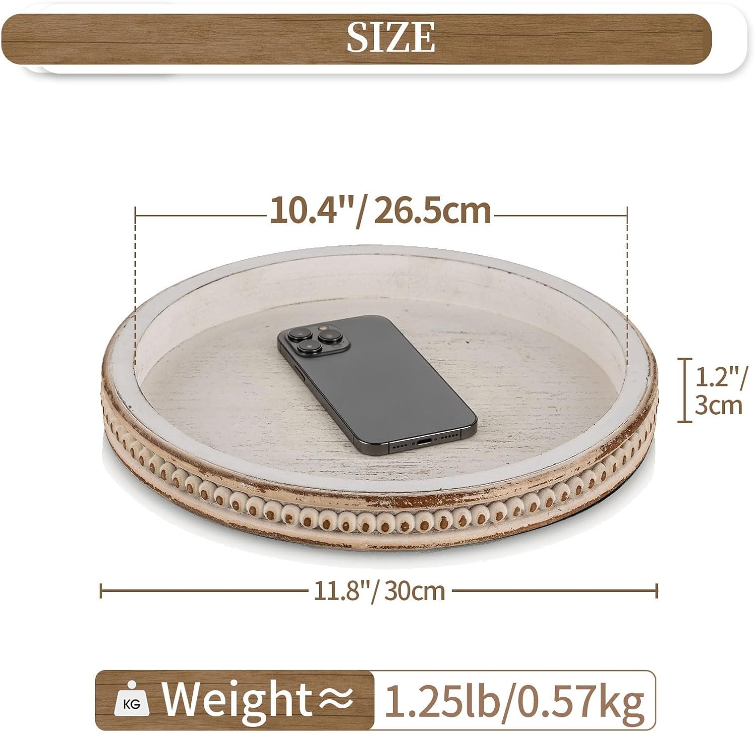 Hanobe Round Wooden Decorative Tray – White Washed Bead Style