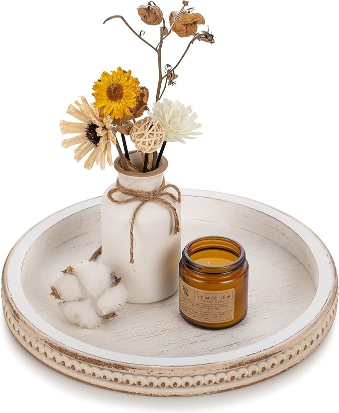 Hanobe Round Wooden Decorative Tray β White Washed Bead Style