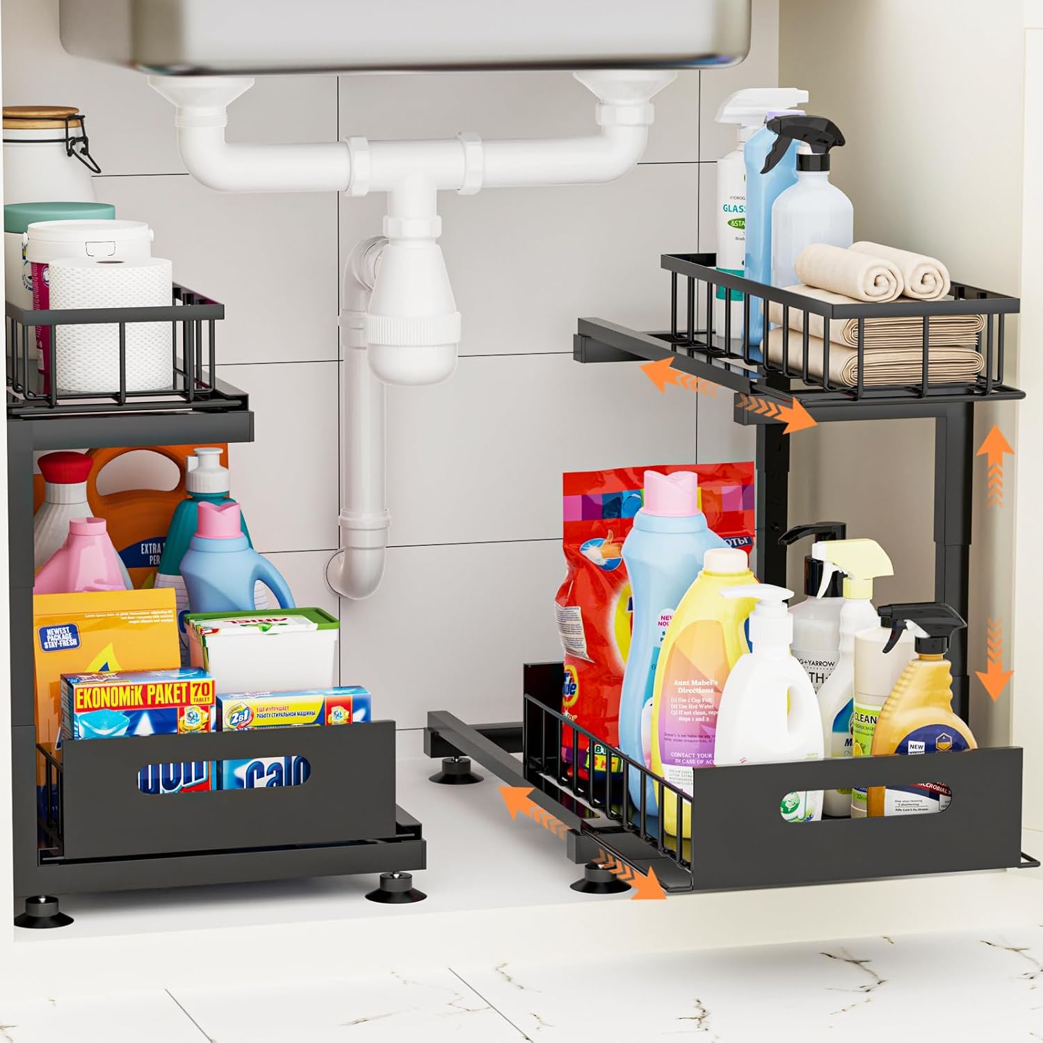 Heavy-Duty Under Sink Pull-Out Organizer – Adjustable Metal Storage Shelf (2-Pack, Black)