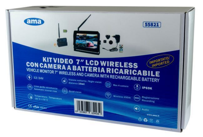  Kit video wireless AHD 7" con camera magnetica a batteria ricaricabile 12-24V