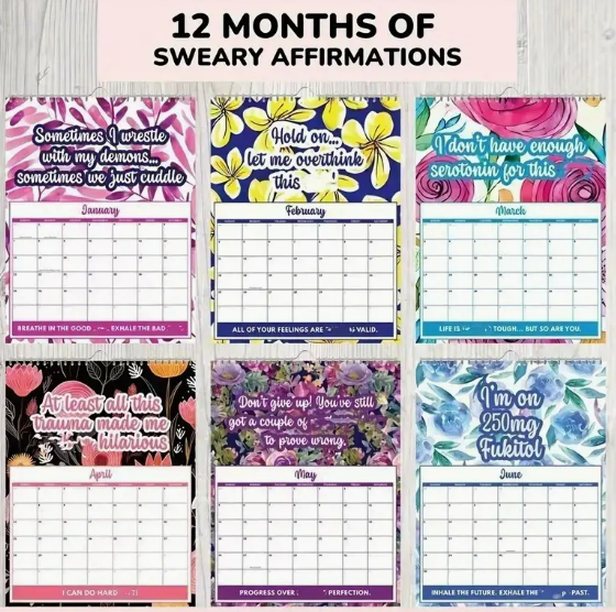 2025 Swear Word Affirmation Monthly Wall Calendar | Bold & Humorous Mental Health Planner with Inspirational Quotes & Floral Design