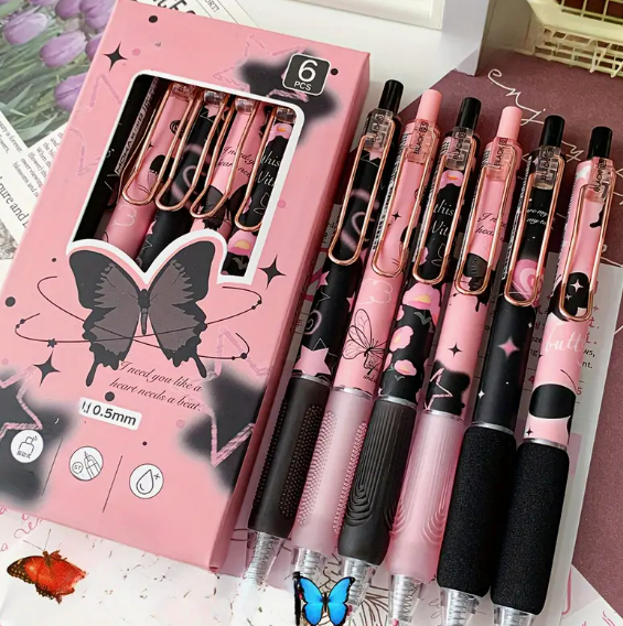 6 Pack Retractable Gel Ink Pens | Fine Point 0.5mm Black Ink, Butterfly & Rose Flower Design pens, Cute Writing Pens for School, Office, & Home, Ideal Gift for Teens & Adults