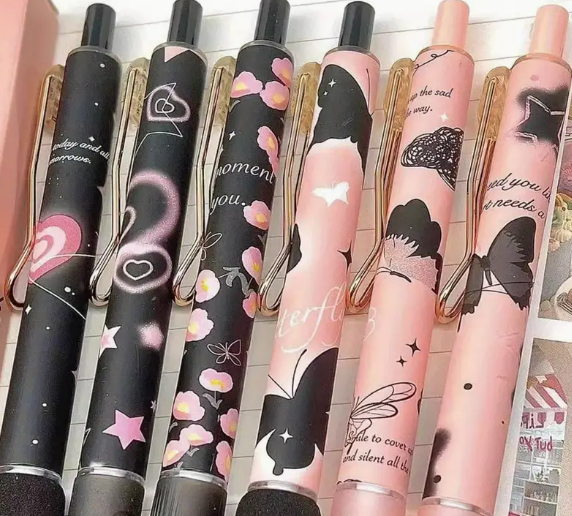 6 Pack Retractable Gel Ink Pens | Fine Point 0.5mm Black Ink, Butterfly & Rose Flower Design pens, Cute Writing Pens for School, Office, & Home, Ideal Gift for Teens & Adults