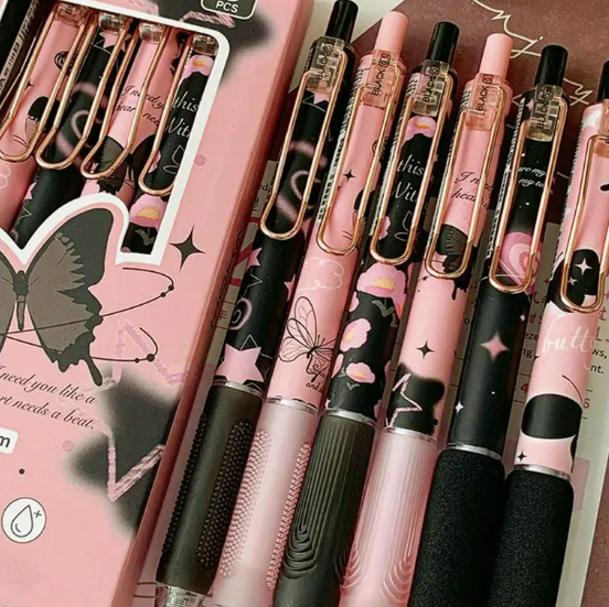 6 Pack Retractable Gel Ink Pens | Fine Point 0.5mm Black Ink, Butterfly & Rose Flower Design pens, Cute Writing Pens for School, Office, & Home, Ideal Gift for Teens & Adults