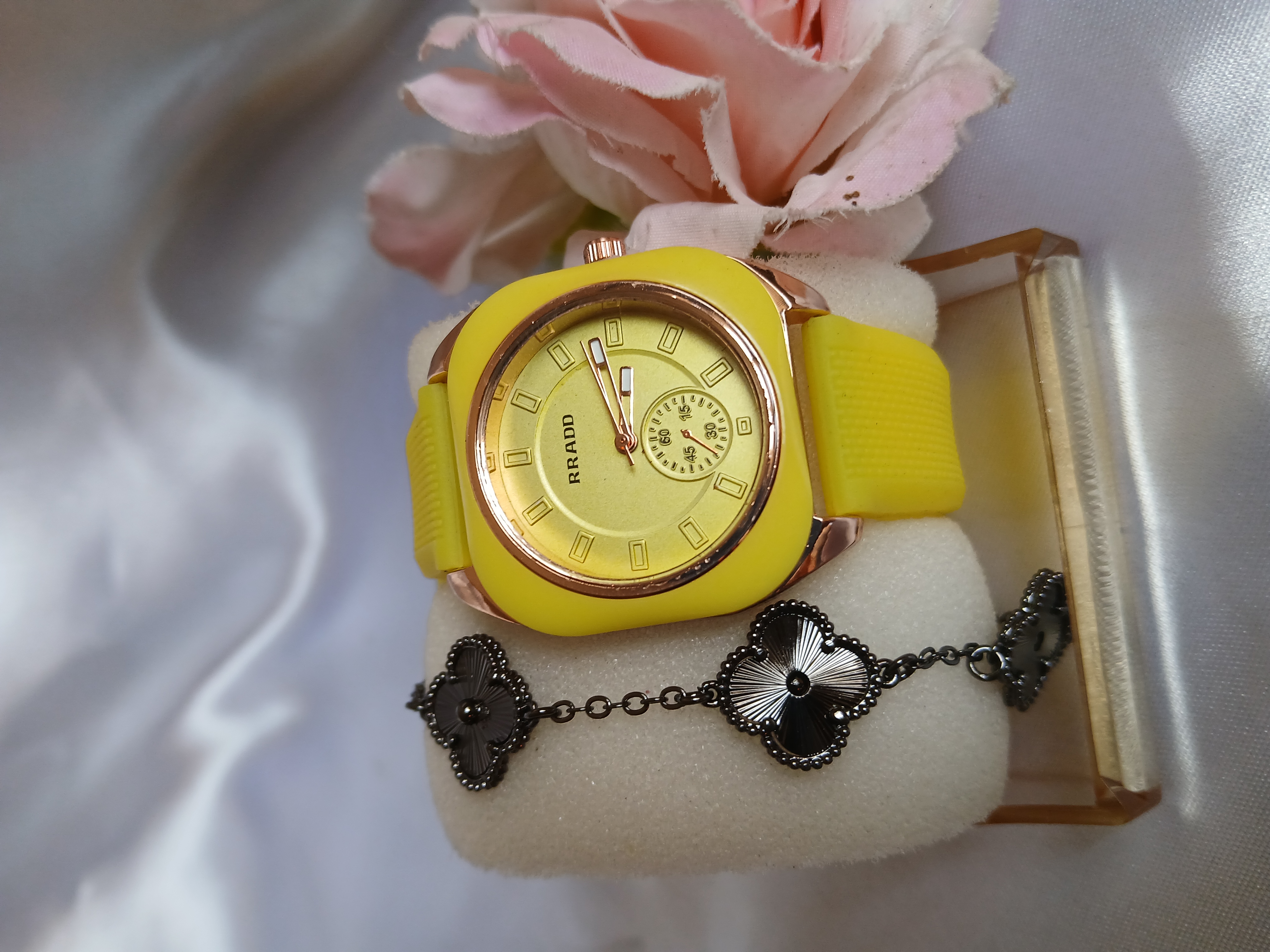 Yellow Wristwatch and Flower Bracelet