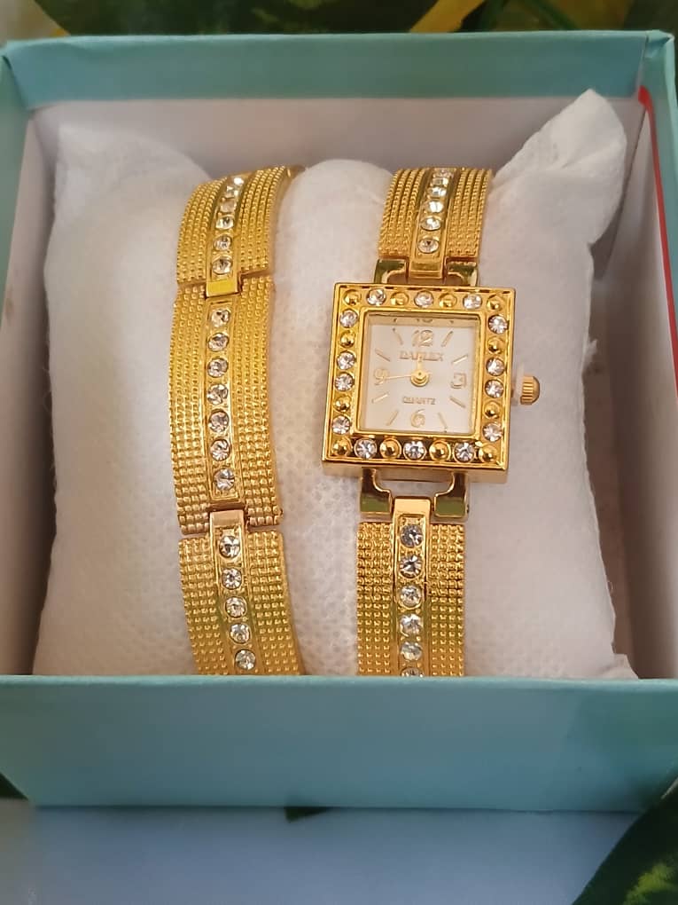Gold Watch and Bracelet Set with Box