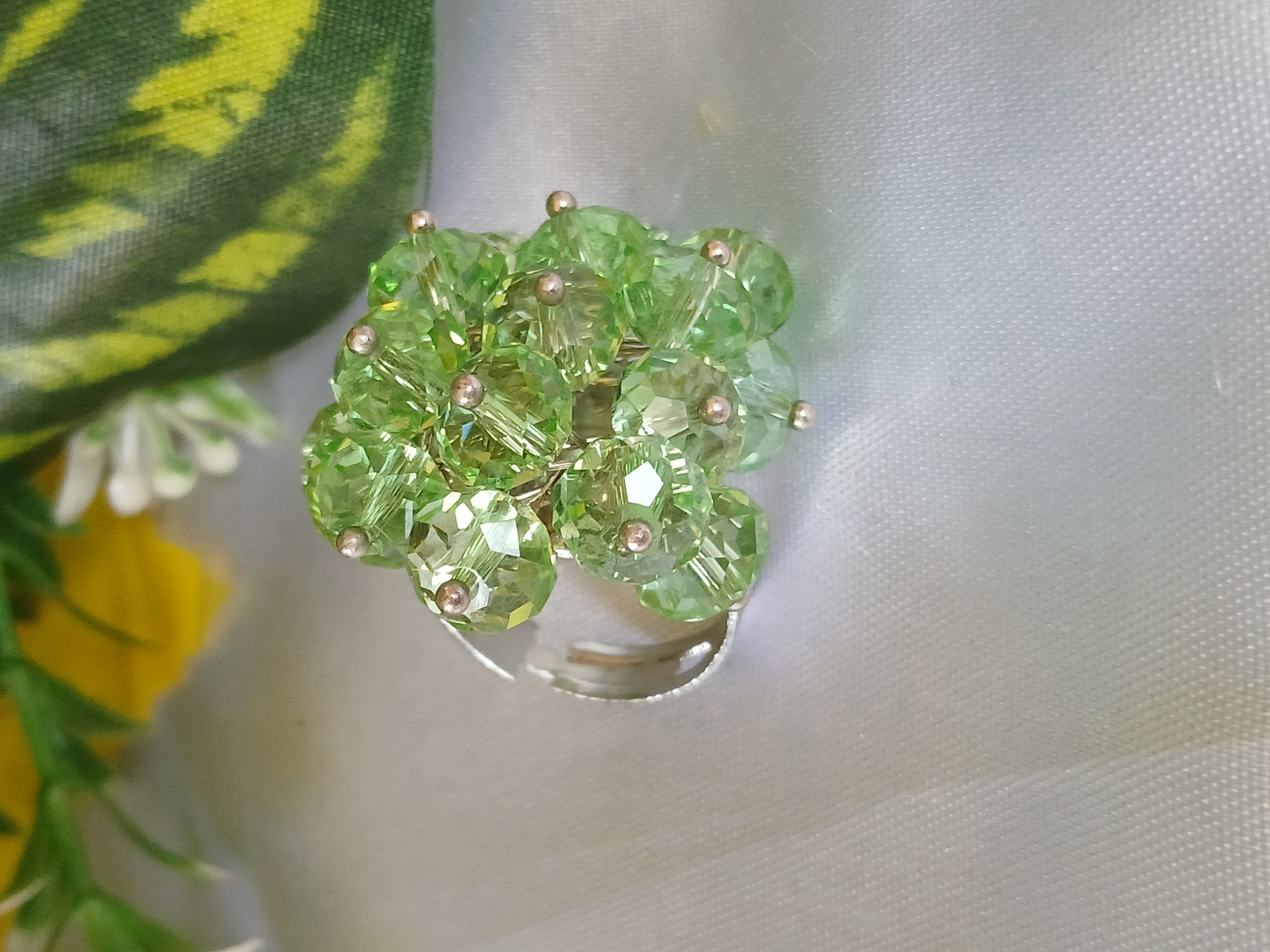 Green Crystal Beaded Flower Ring