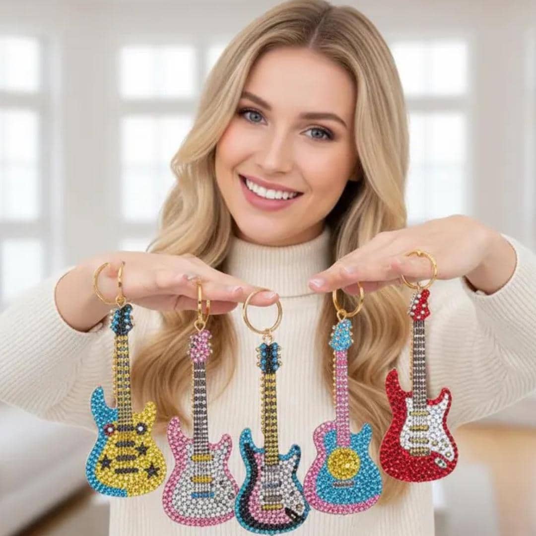 Handmade Sparkly Guitar Keychains - Diamond Painting Rhinestone Set