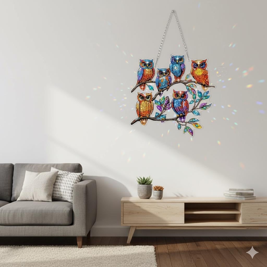 Handmade Diamond Painting Owls On A Branch: Sparkly Rhinestone Decor