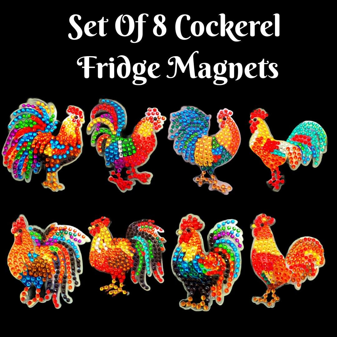 Cockerel Fridge Magnets (Set of 8) – Sparkly Home Decor, Gift for Women