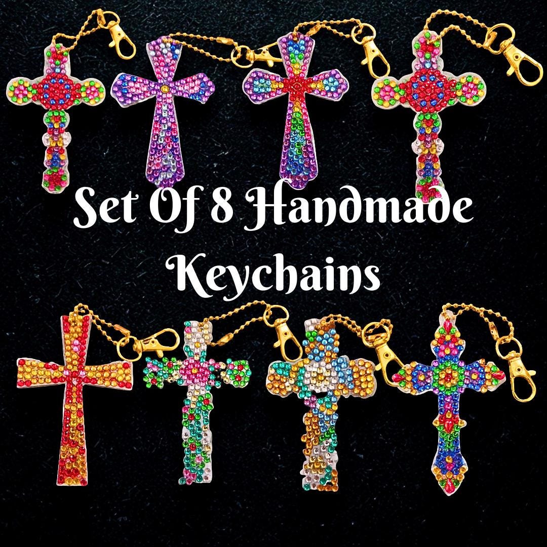 Diamond Painting Keychains Set of 8 – Double Sided Handmade Sparkly Bag Charms, Unique Gifts for Women, Moms