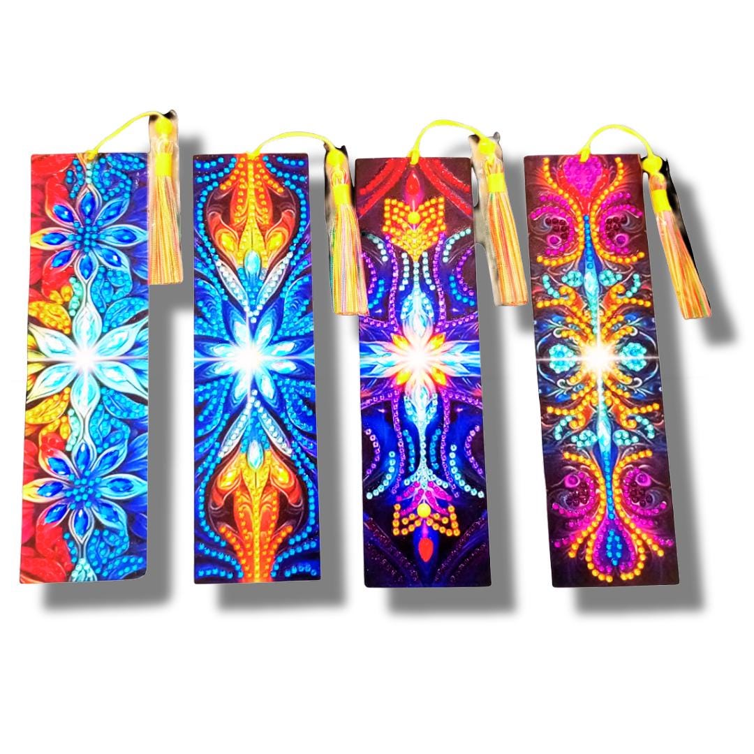 Handmade Sparkly Rhinestone Diamond Painting Bookmarks - Set of 4 (Sold Individually) with Rainbow Tassels