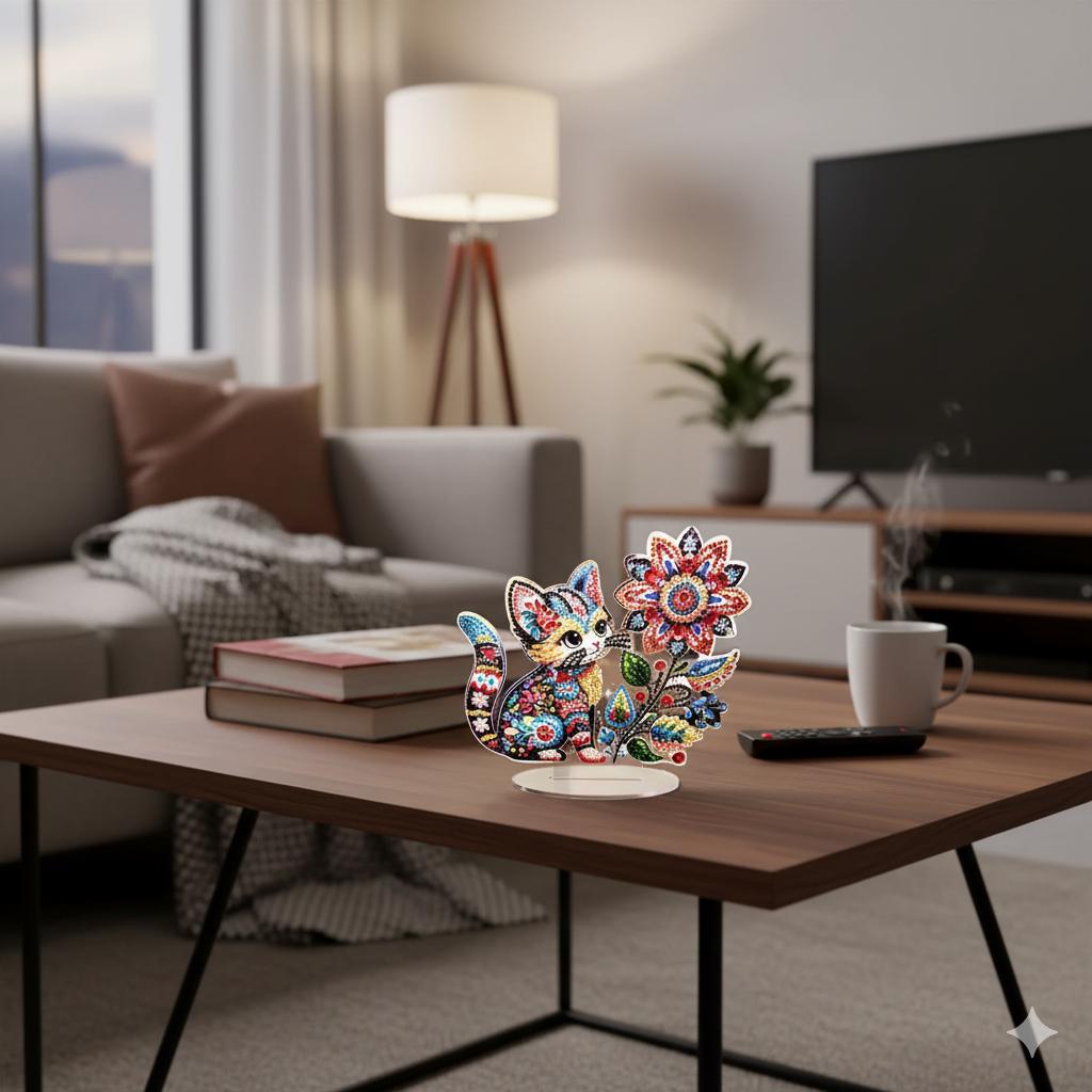 Handmade Diamond Painting Kitten Table Decor