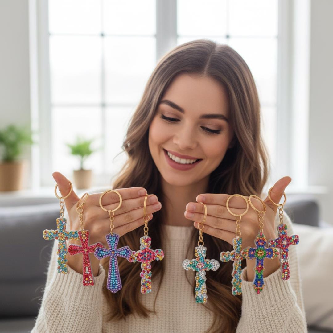Handmade Sparkly Cross Keychains Diamond Painting Rhinestone Set