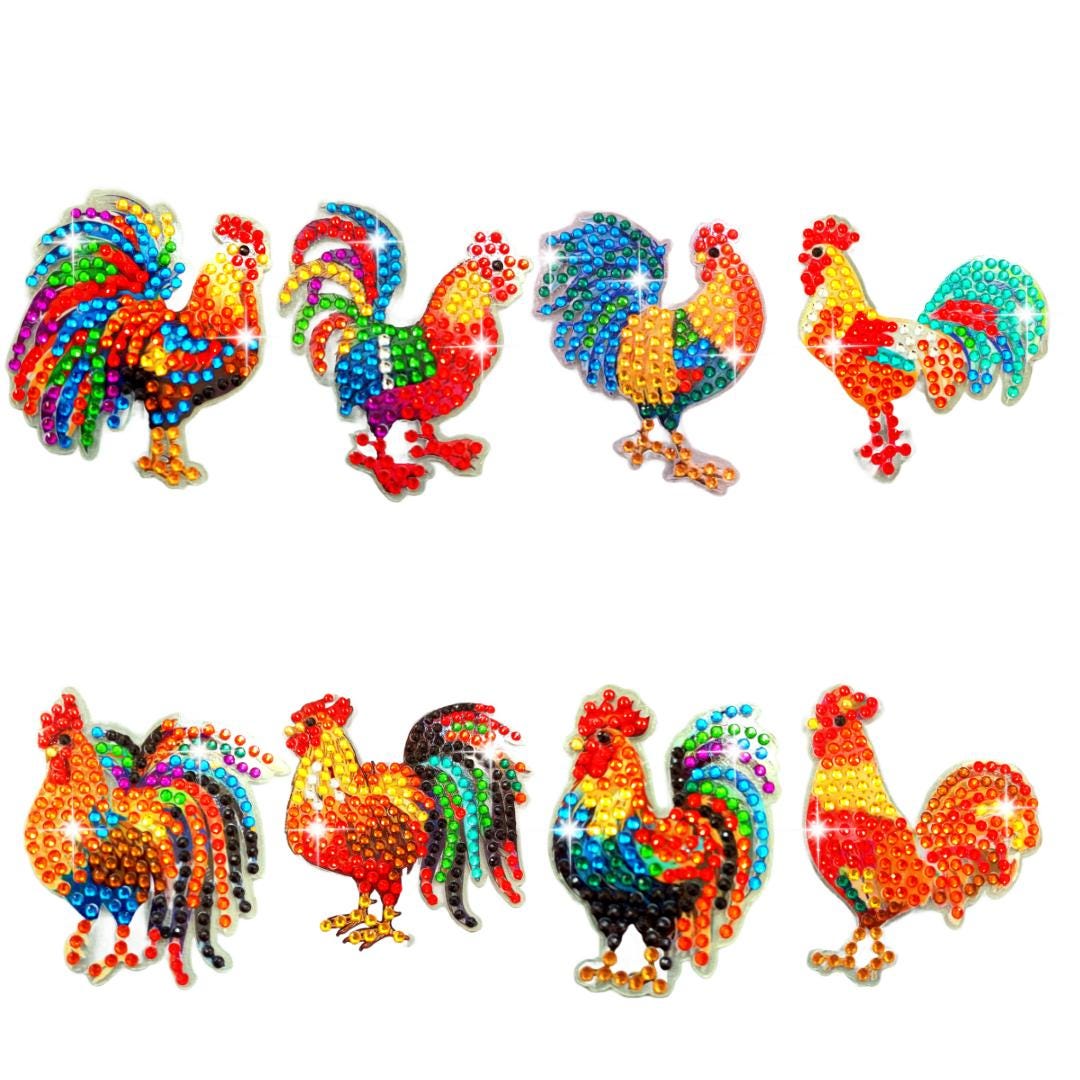 Handmade Sparkly Rhinestone Cockerel Fridge Magnets (Set of 8) - Handmade Home Decor