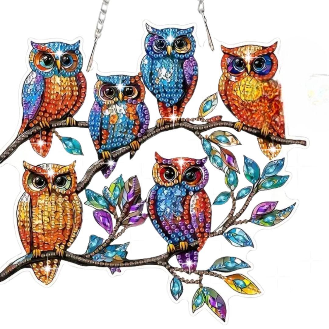 Handmade Diamond Painting Owls on Branch: Sparkly Rhinestone Decor