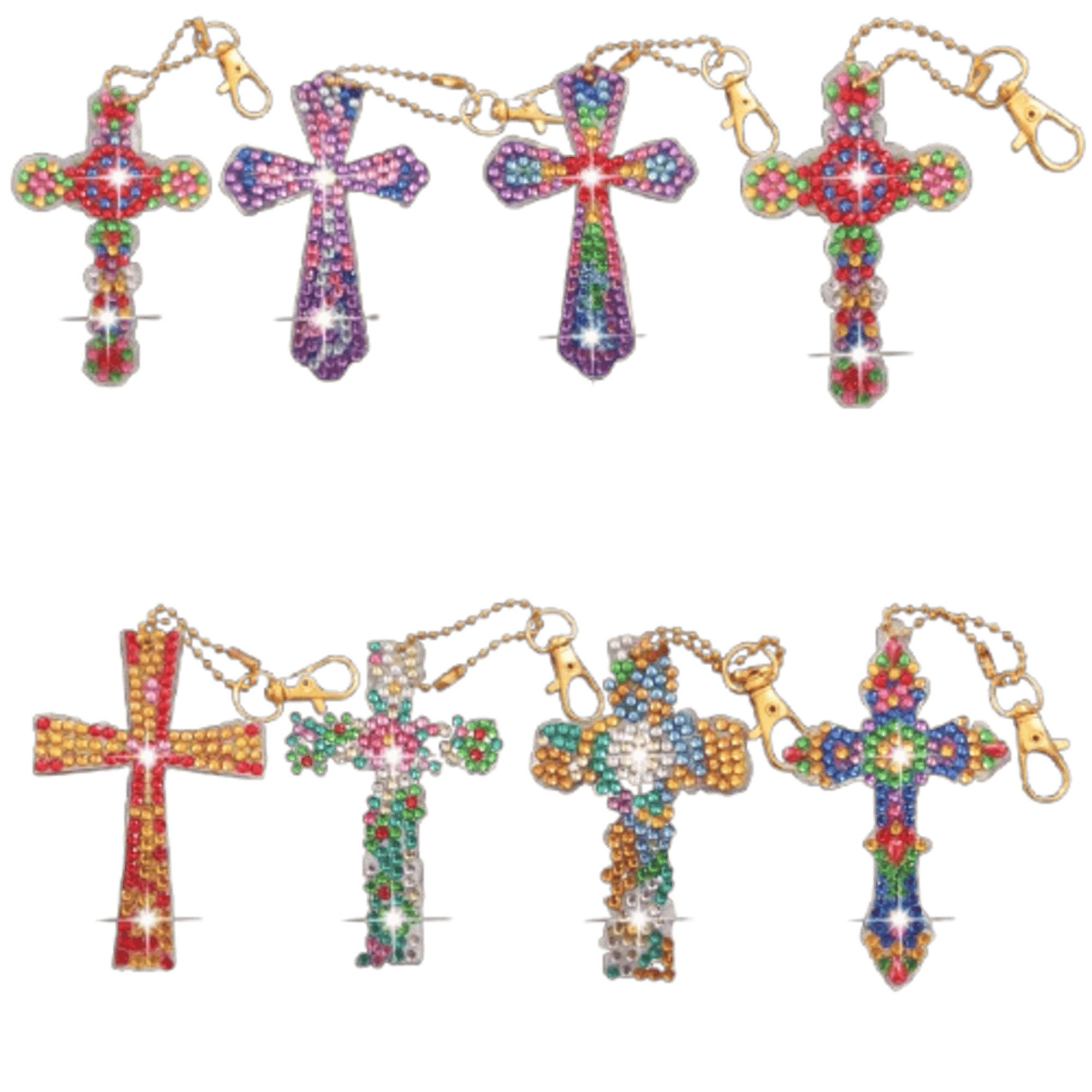 Handmade Cross-Shaped Diamond Painting Keychains, Set of 8