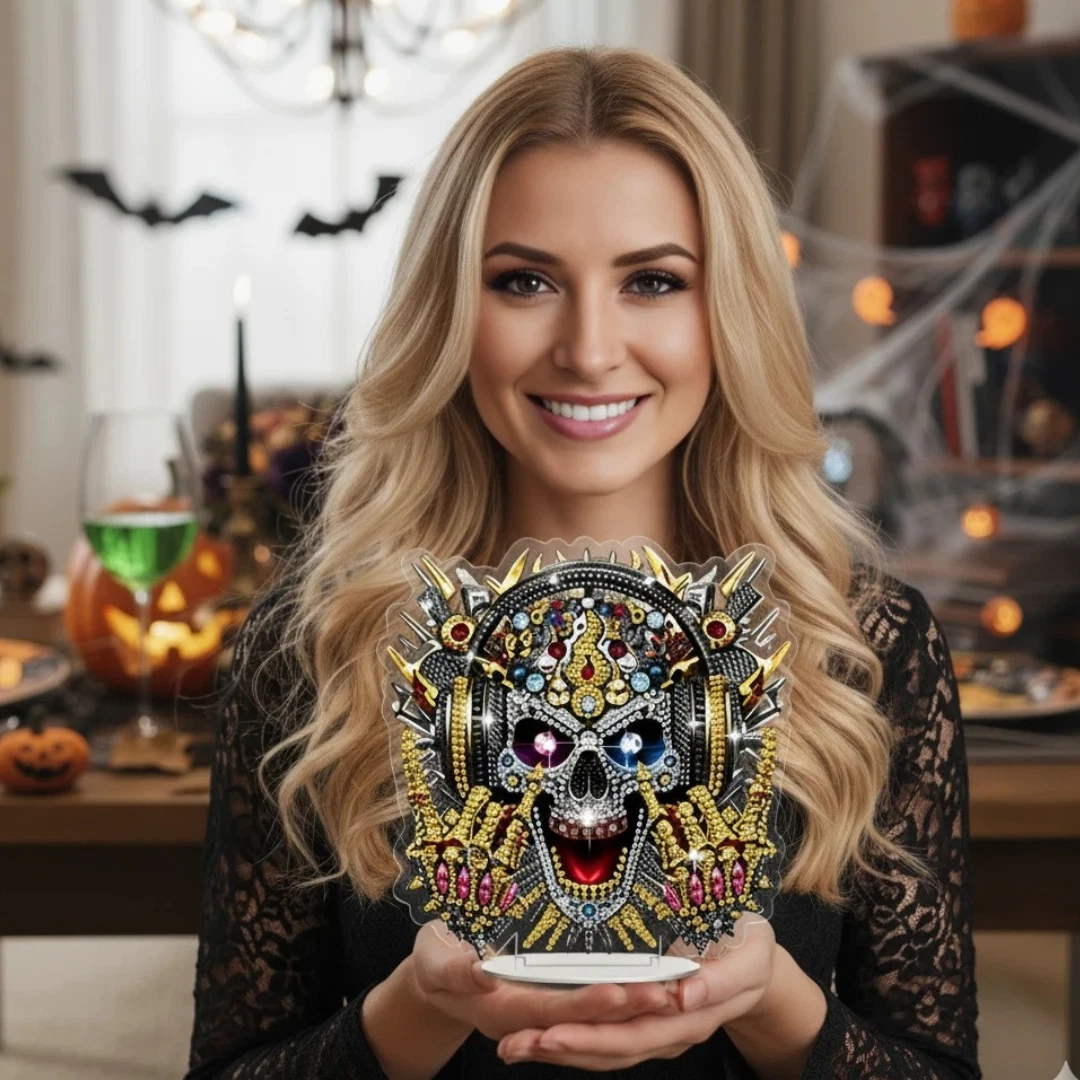 Handmade Sparkly Halloween Skull Diamond Painting Table Decoration