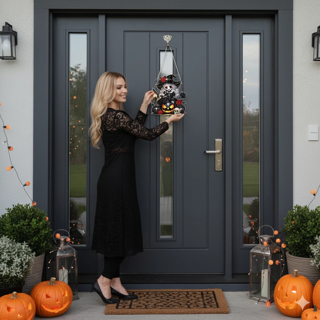 Handmade Sparkly Halloween Witch Diamond Painting Wall Door Decoration