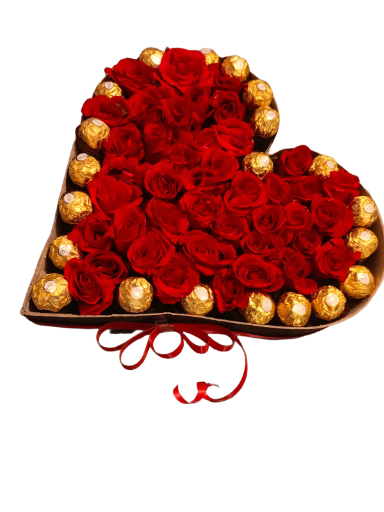 Heart-shaped rose and chocolate arrangement