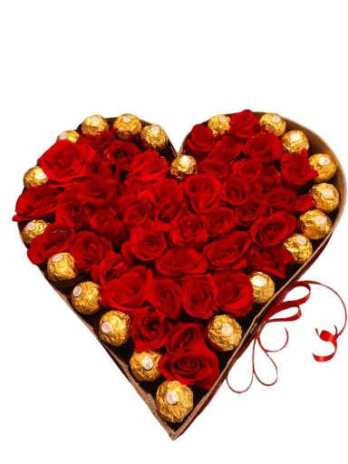 Heart-shaped rose and chocolate arrangement
