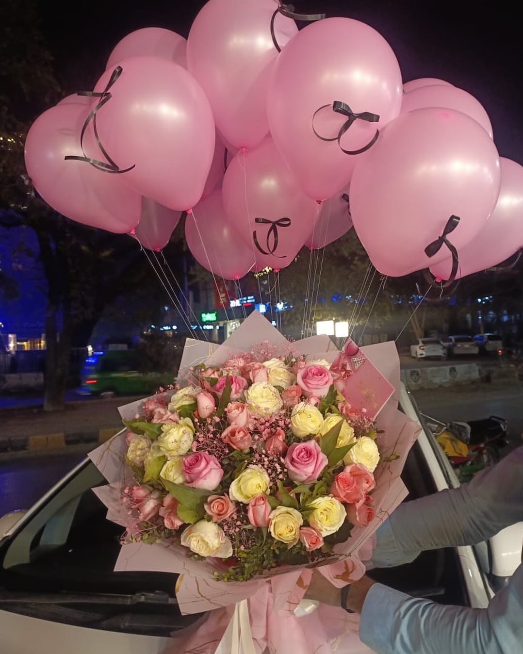 Rose Bouquet and Pink Balloons Set