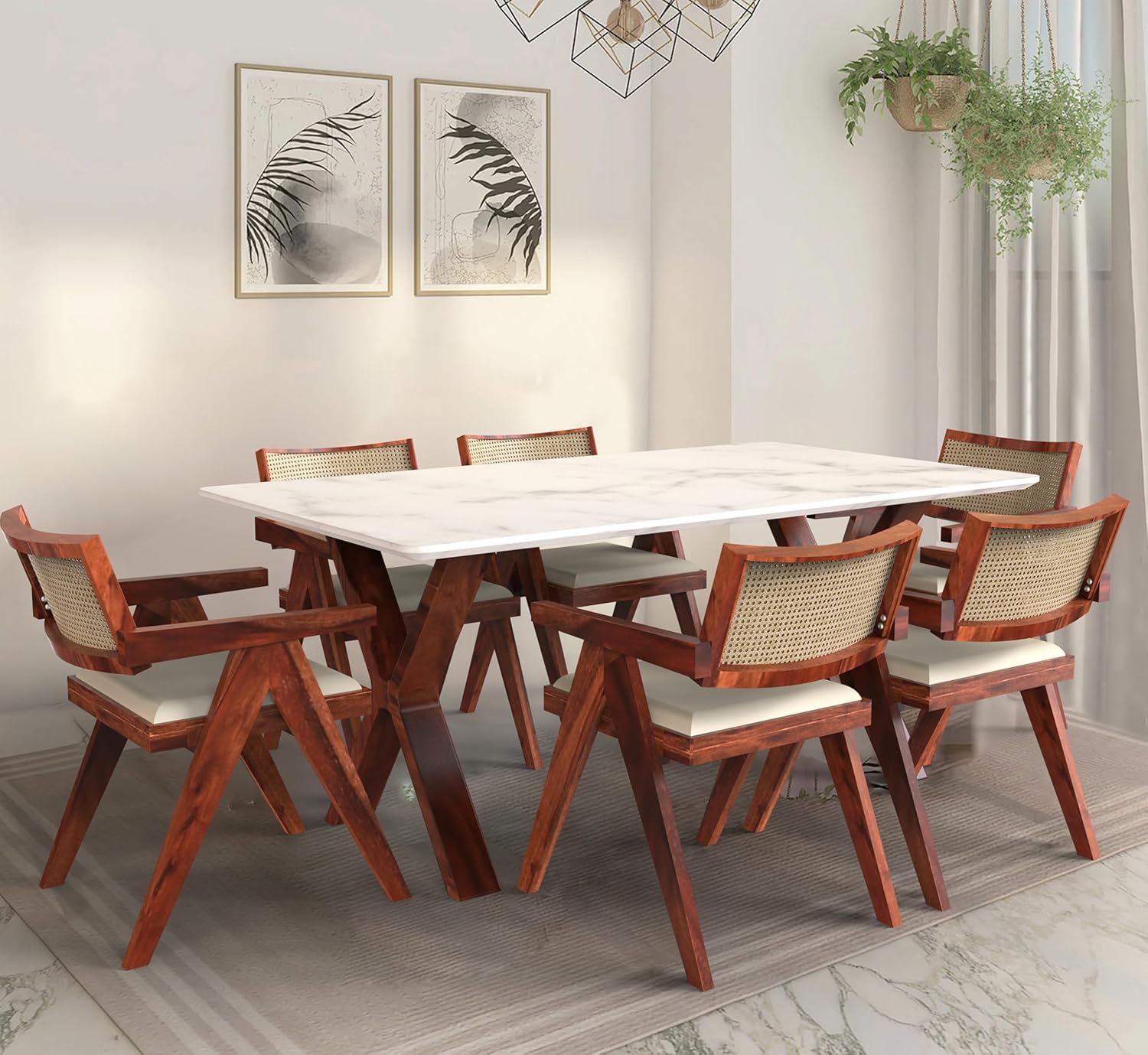 Sheesham Wood Marble Finish Dining Table With Six Rattan Chair