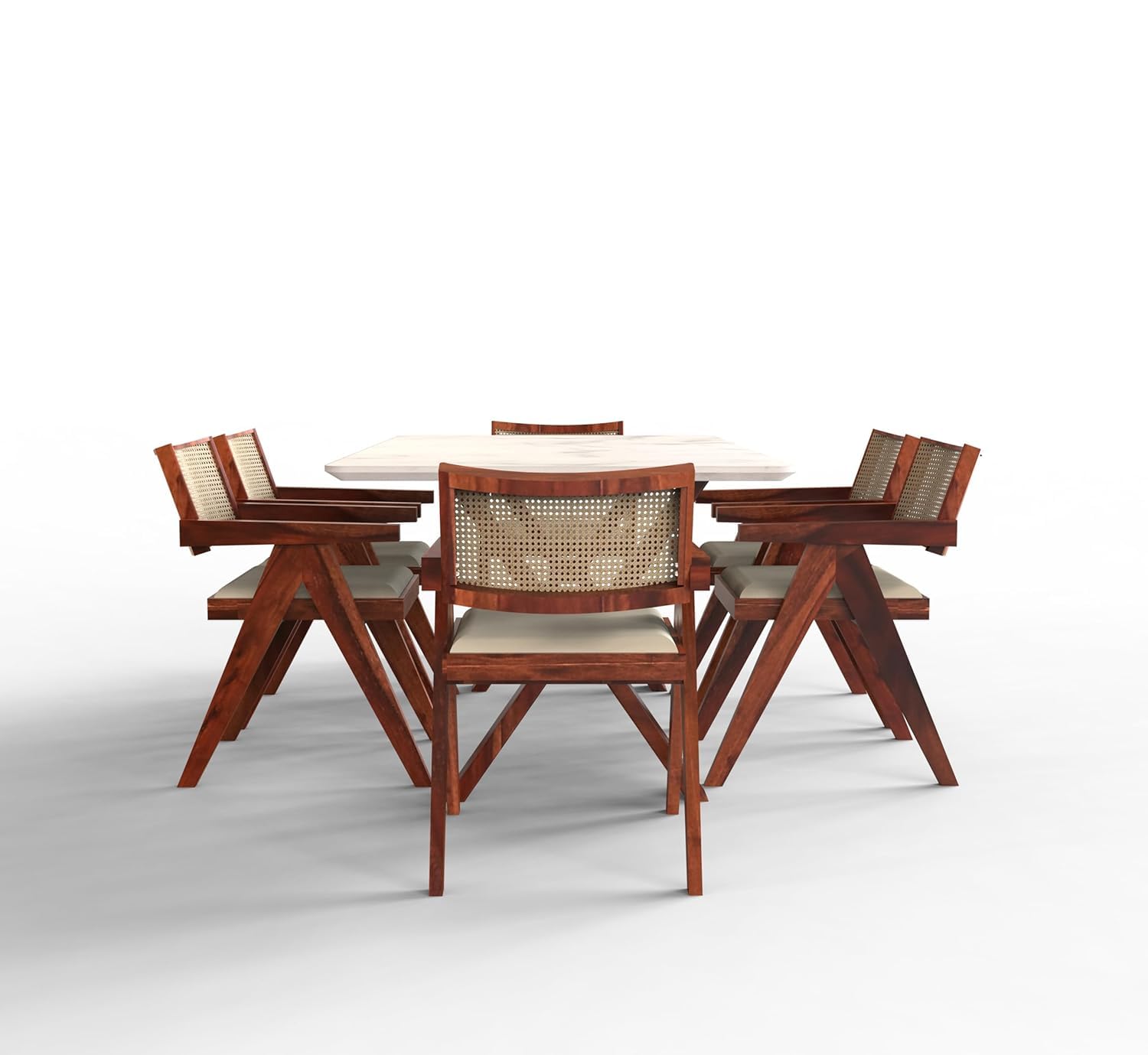 Sheesham Wood Marble Finish Dining Table With Six Rattan Chair 