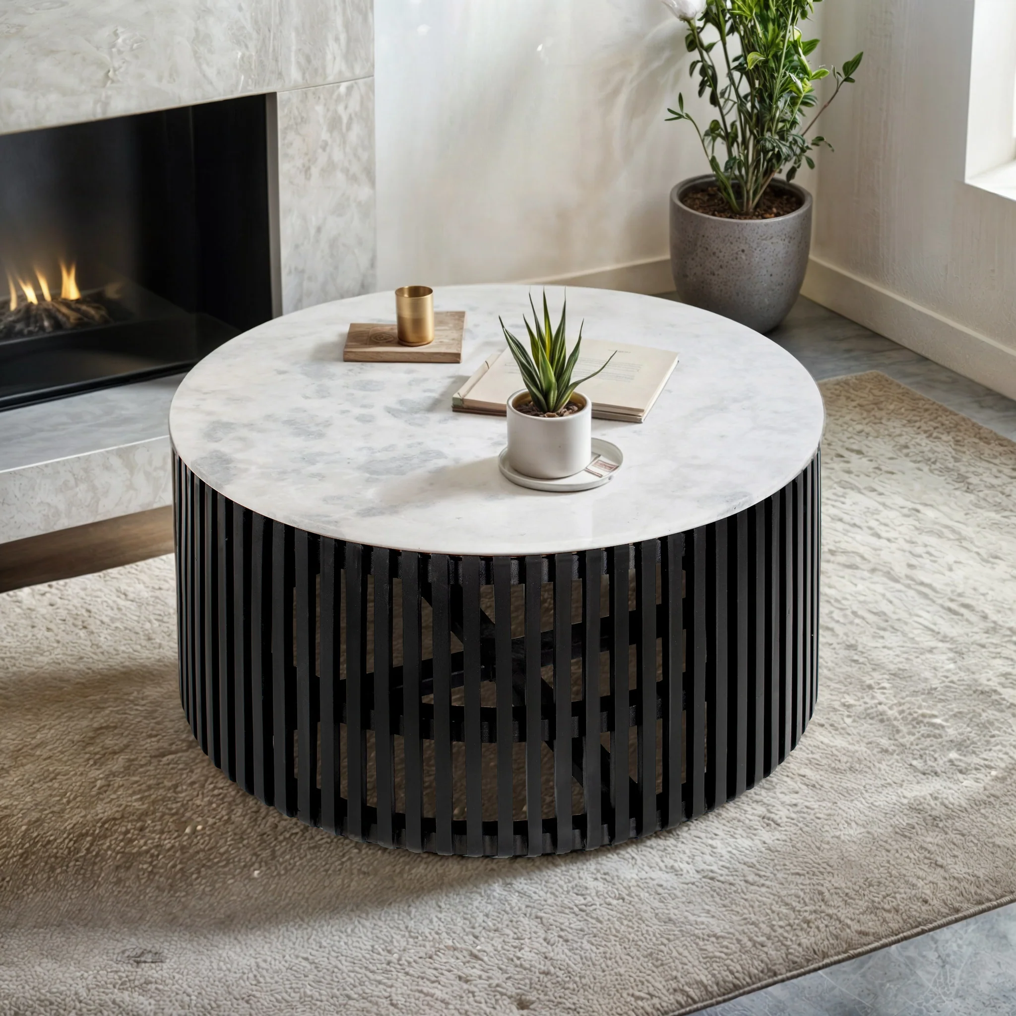 Furneezy Real Marble / Mango Wood Round Coffee Table - Black