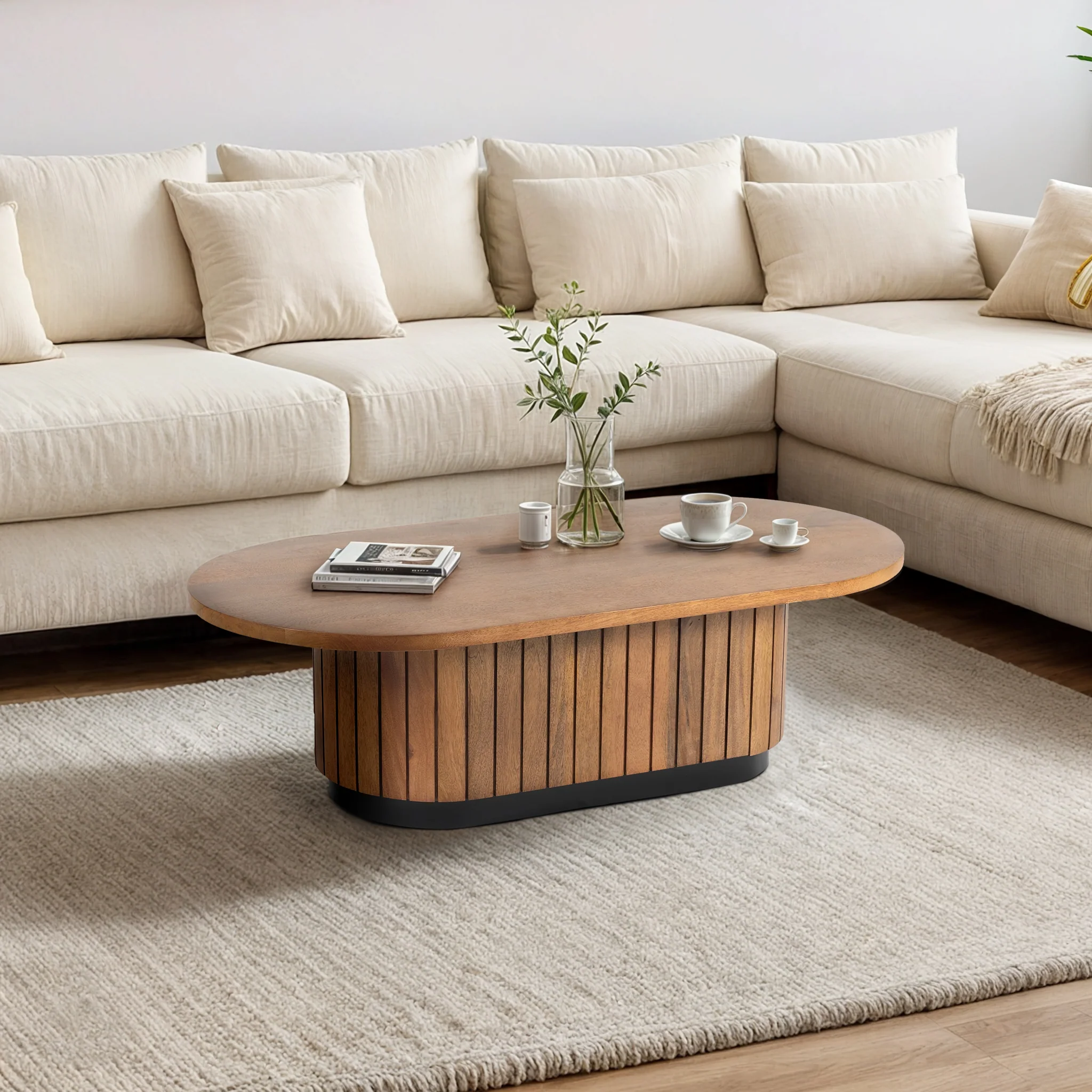 Furneezy Piano Mango Wood Oval Coffee Table - Natural