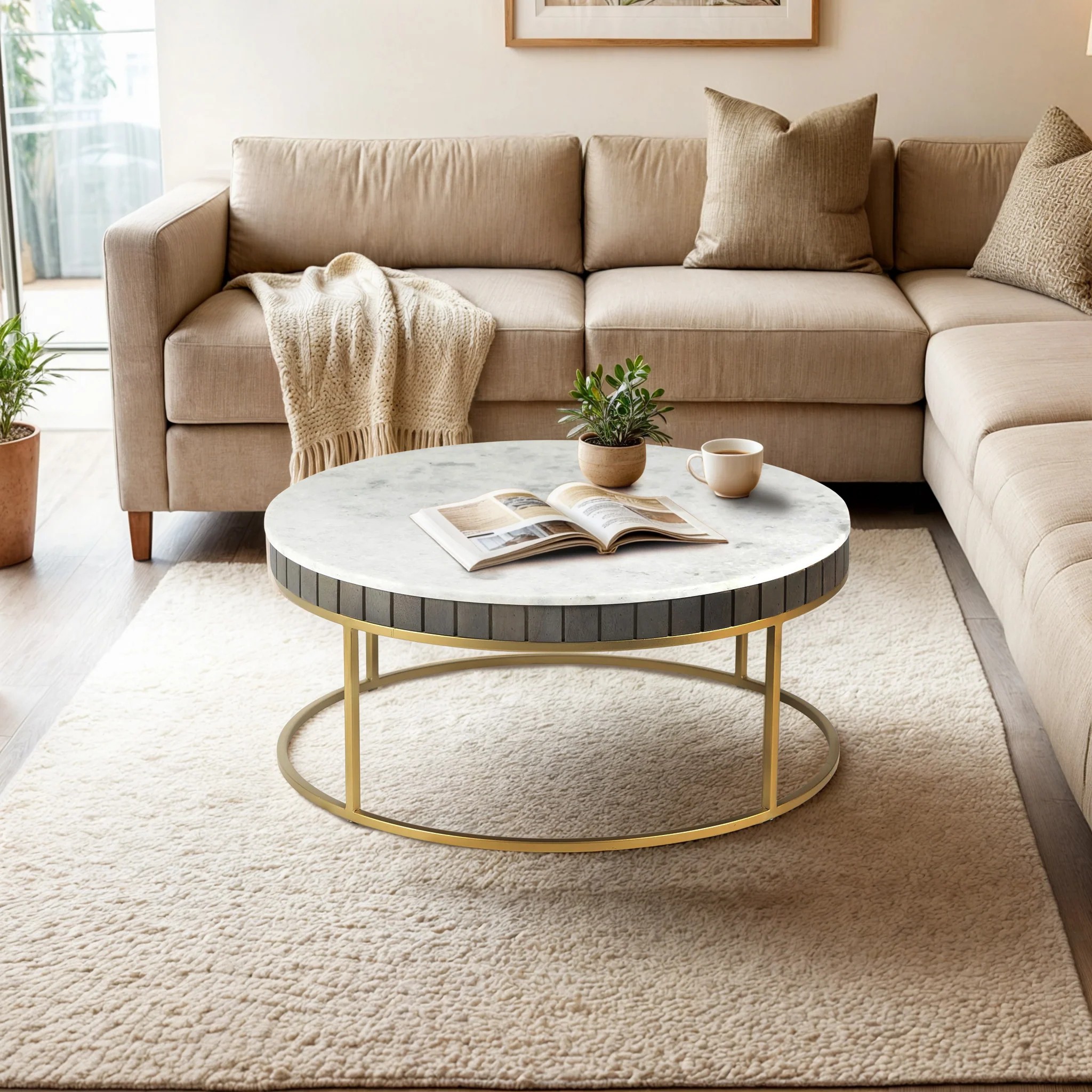 Furneezy Piano Real Marble Round Coffee Table - Ash Grey