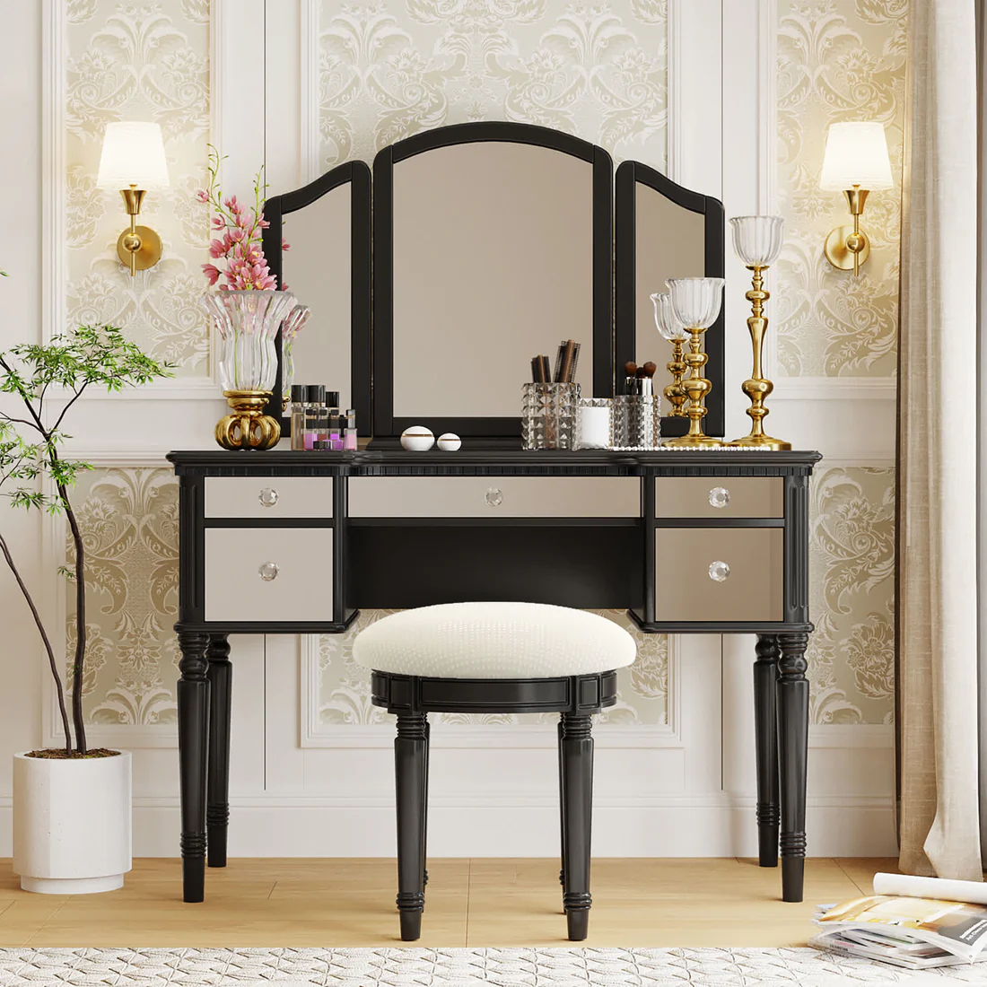 Tri-fold Mirror Vanity Desk Stool Set