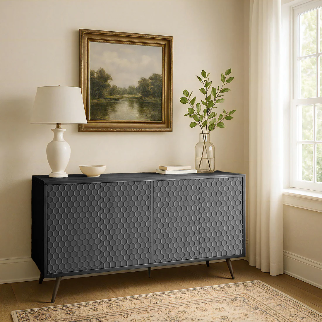 Wooden Storage Cabinet With Honeycomb Hexagonal Pattern Doors
