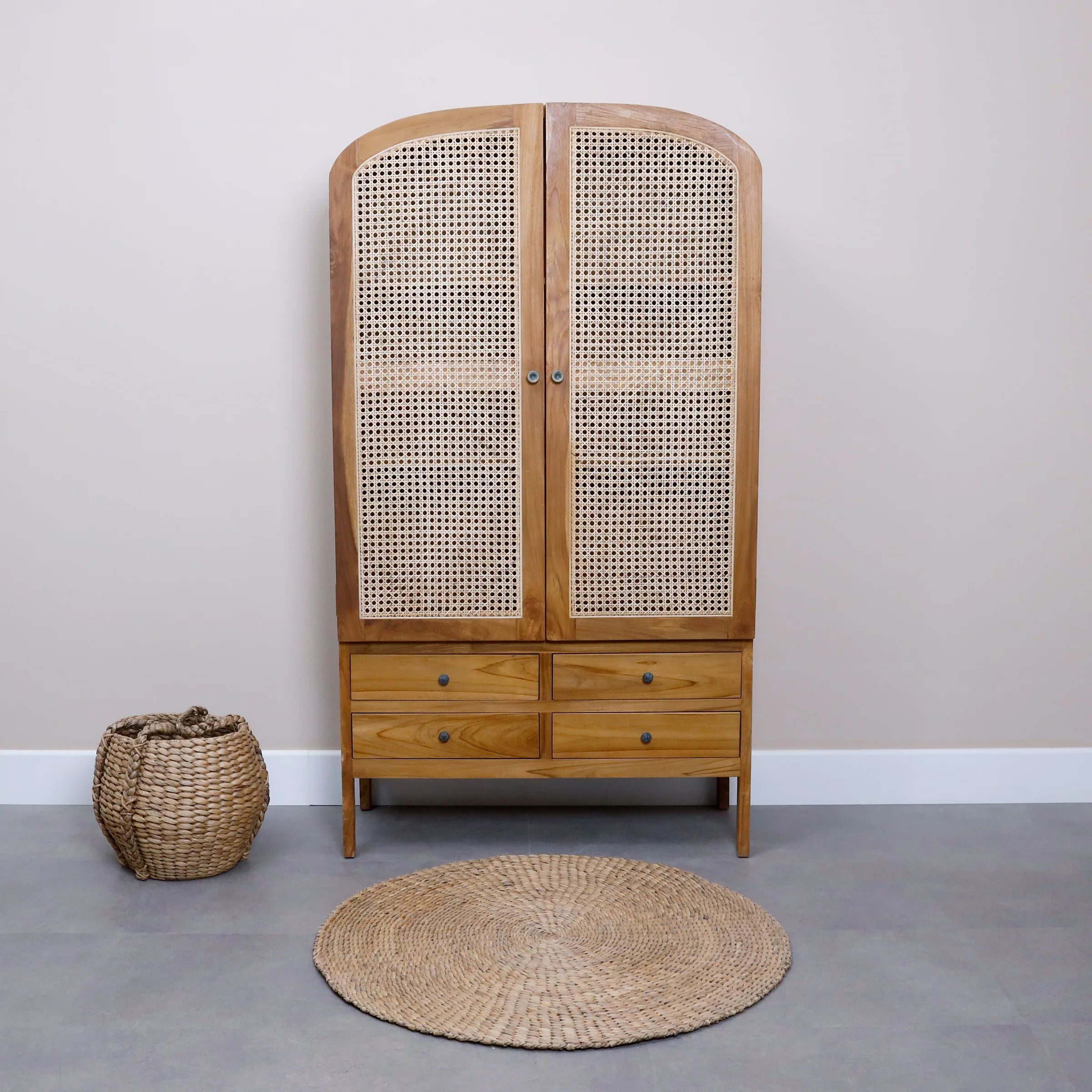 Wooden Cabinet with Rattan Doors in Teak Wood1