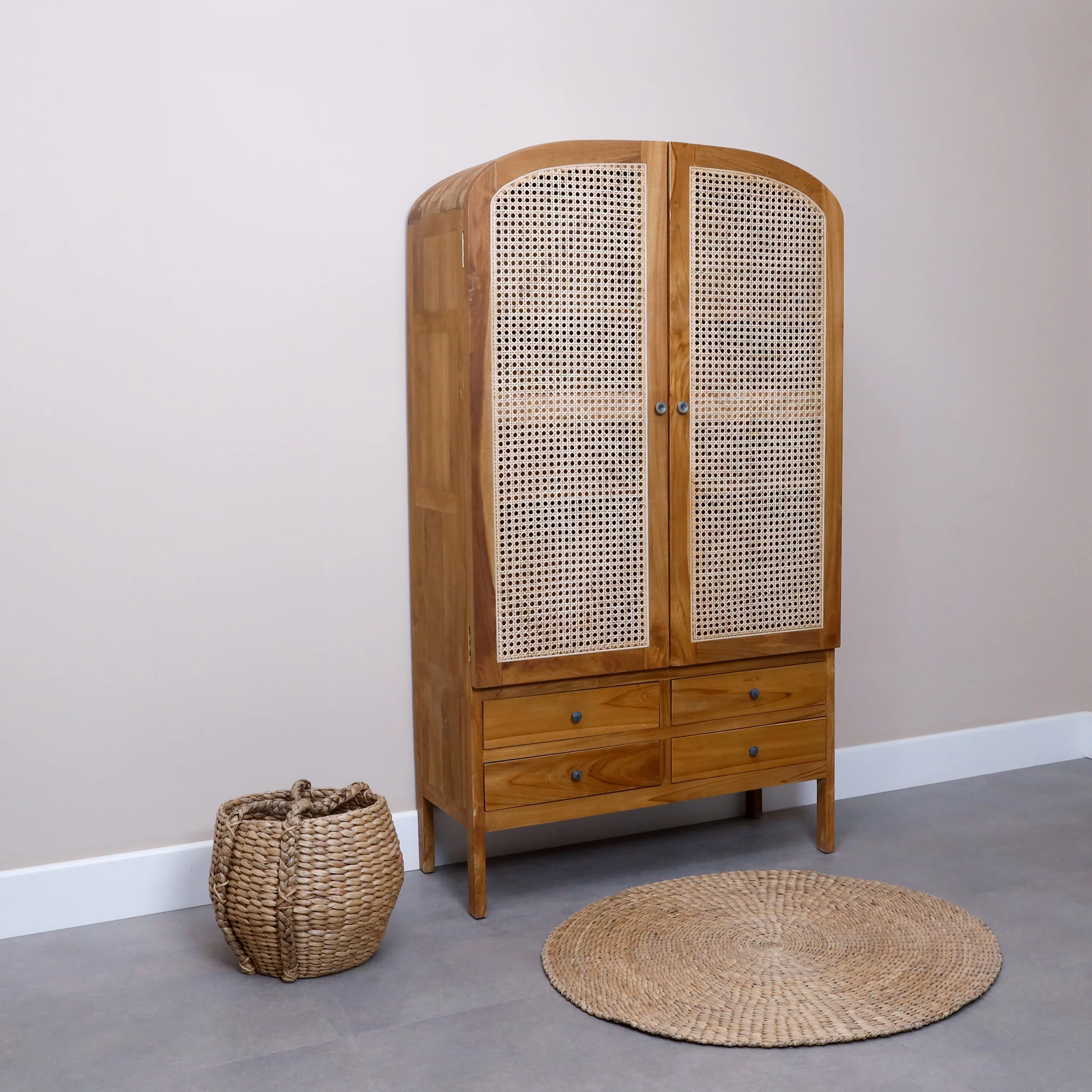 Wooden Cabinet with Rattan Doors in Teak Wood1