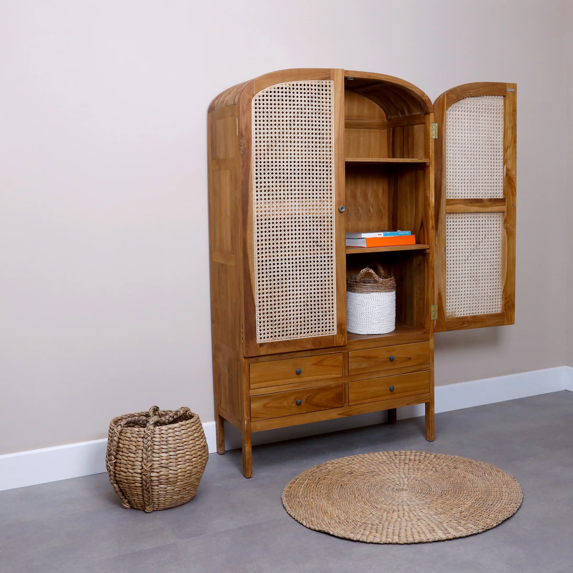 Wooden Cabinet with Rattan Doors in Teak Wood1