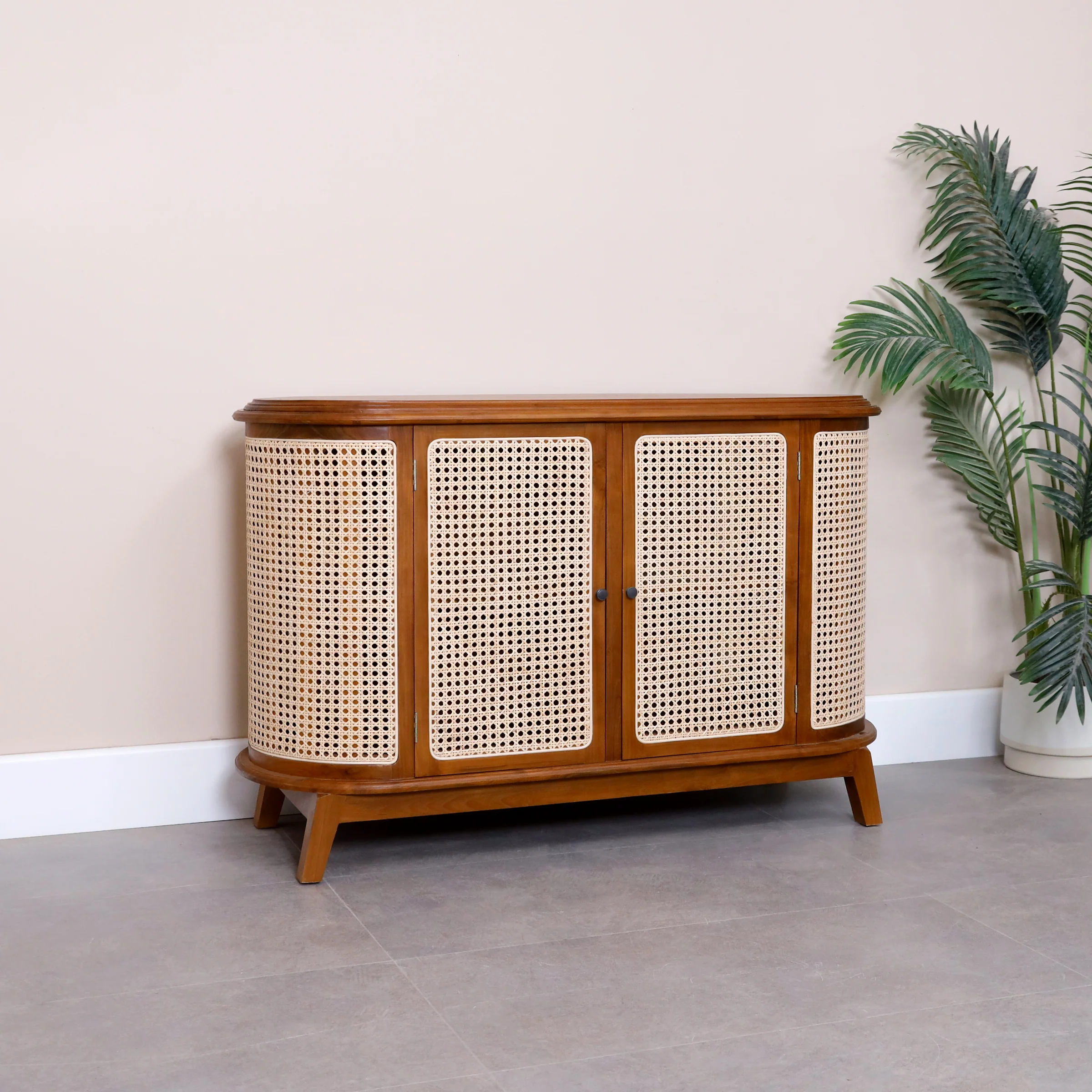 Wooden Cabinet with Rattan Doors In Teak Wood