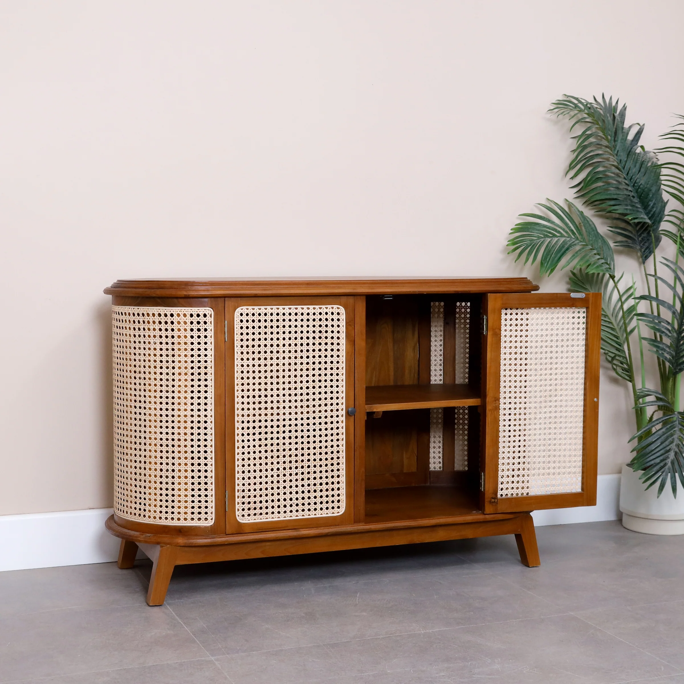 Wooden Cabinet with Rattan Doors In Teak Wood